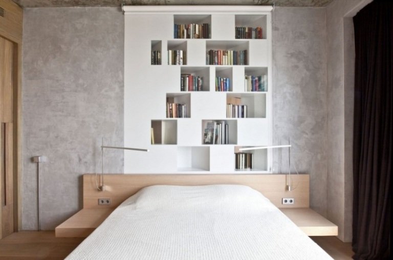 modern-sovrum-vägg-design-struktur-färg-betong-optik-vit-hyllsystem-trä-säng