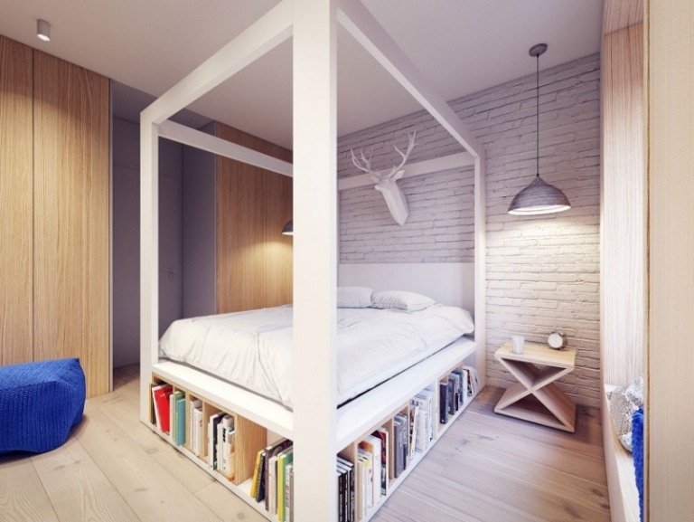 moderna sovrum-säng-bokhyllor-vit tegelvägg