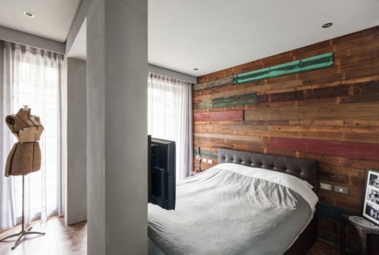 litet sovrum-vägg-design-återvunnet trä