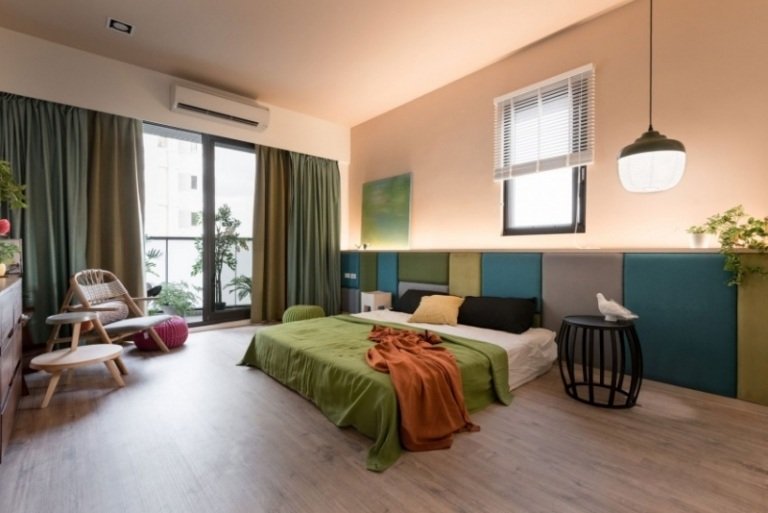 modernt sovrum vägg design-klädsel-grön-blå-indirekt-vägg-belysning