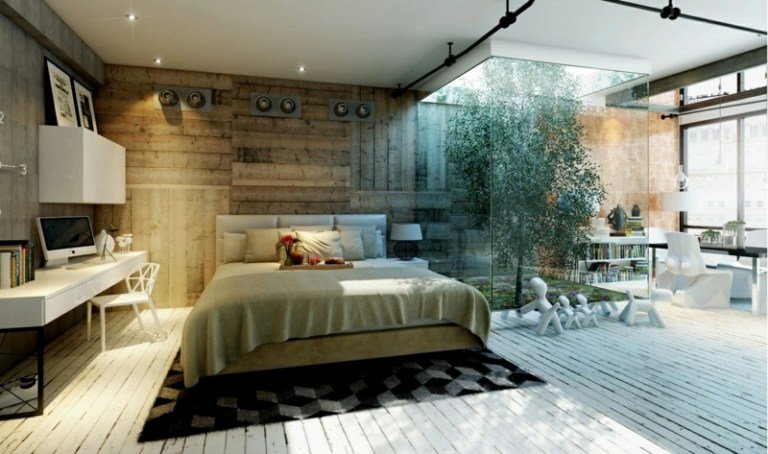 modernt sovrum väggbeklädnad trä industriell stil trädgård glasvägg