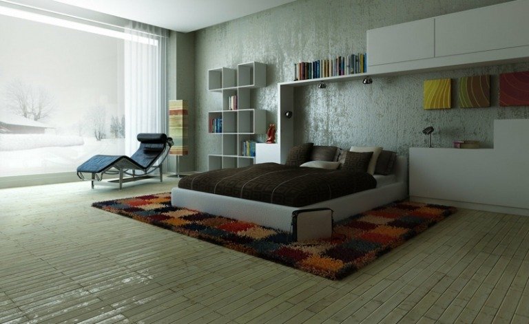 modernt sovrum vägg gips färgglada matta schackbräda vita möbler