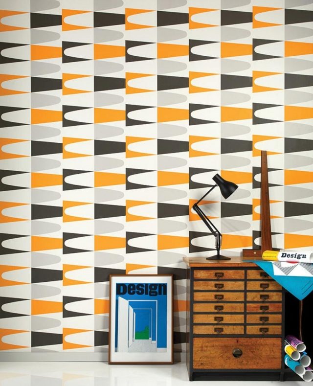 vardagsrum tapeter retro mönster geometriska orange grå svart jaron
