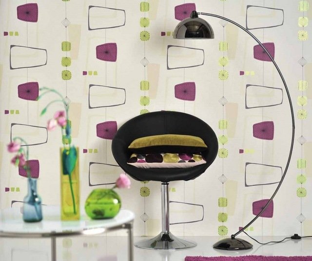 vardagsrum tapeter retro geometriska mönster lila grön isola