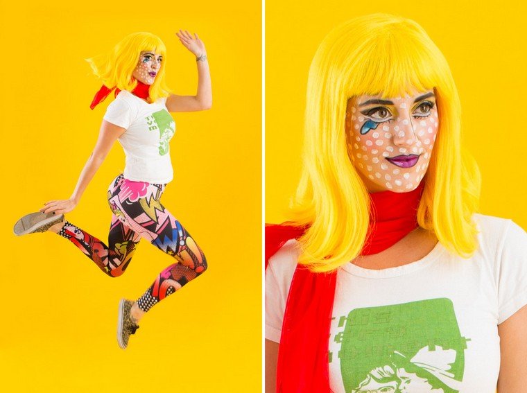 80-talstema-fest-outfit-komisk figur-leggings-färgrik-peruk-gul