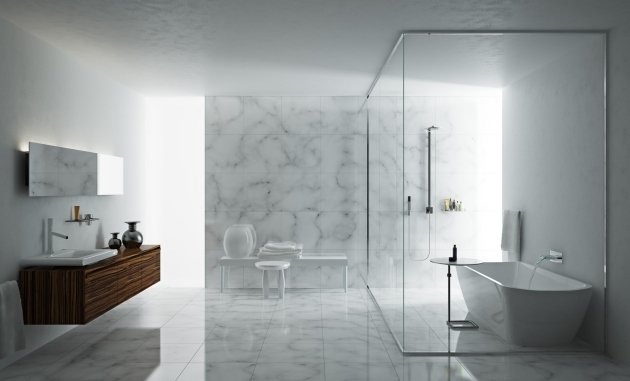 badrum-minimalism-vägg-golv-marmor-kakel-vit-grå-dusch-skåp-fristående badkar