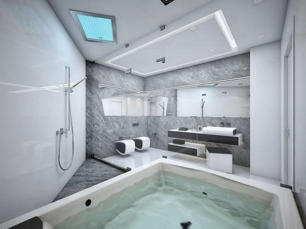 Badrum-vägg-design-marmor-look-grå-vit-accenter-fristående badkar-bubbelpool