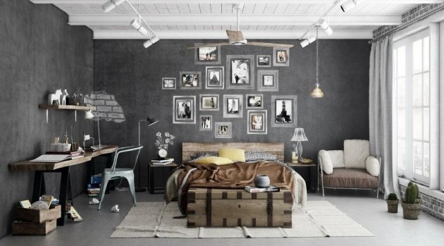 sovrum-skrivbord-rustikt-trä-panel-vägg-svarta tavlan-effekt-svart-antracit