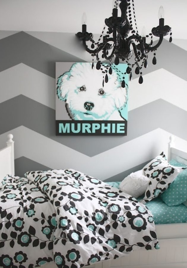 sovrum-ungdoms-rum-för-tjejer-elegant-färg-schema-grå-vit-turkos-vägg-tapeter
