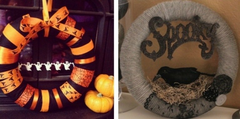 idéer höstdörrkrans svart spets halloween design kråka orange band