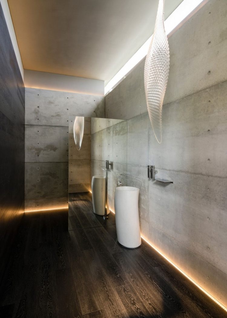 indirekt-LED-tak-belysning-badrum-exponerad betong-vägg-pelare-handfat
