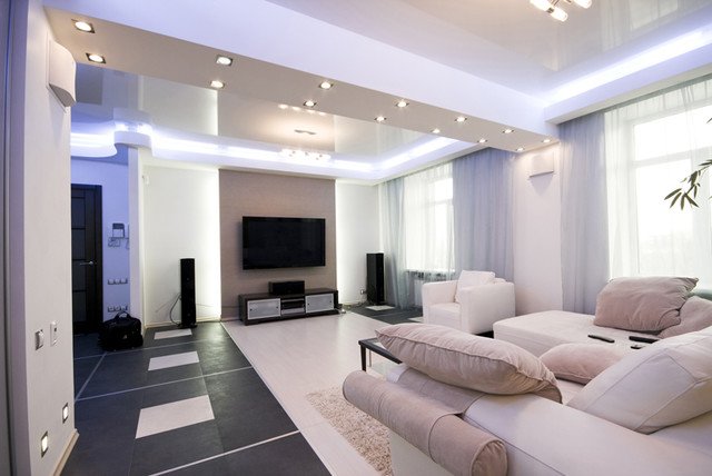 led takbelysning vardagsrum kant infälld belysning vita möbler