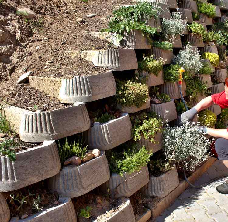 Stöd-vägg-trädgård-grön-cement-block