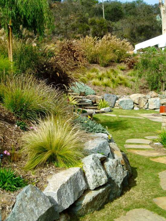 Stödmur med spjällblock-trädgårdsodling skapar trädgårdsväg