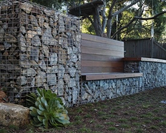 Gabions murade trädgårds stödvägg träbänk