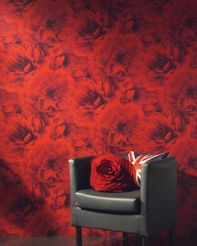 tapet vardagsrum accent väggdekoration passionerade röda blommor melope