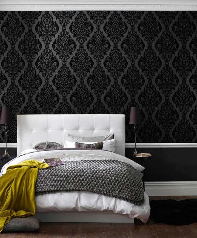 sovrum tapet svart barock mönster eshara