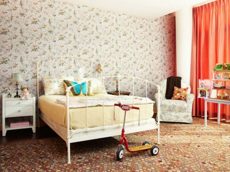 barnrum dekorera idéer retro stil tapet mönster metall säng rull