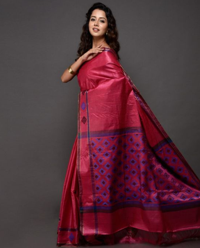 Kosa Sarees-Pink Kosa Silk Saree με γεωμετρικά σχέδια 3