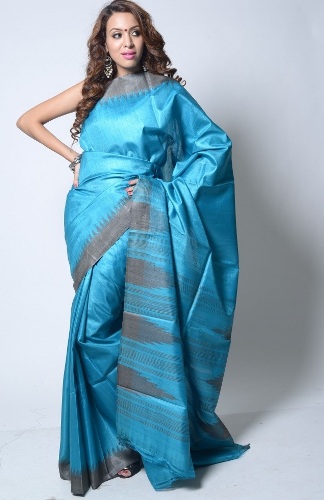 Kosa Sarees-Blue And Grey Temple Design Kosa Silk Saree 07