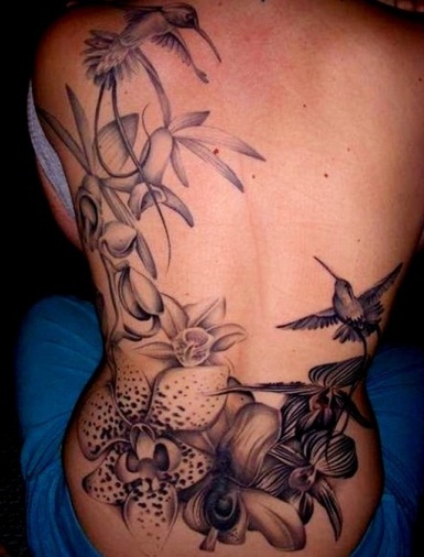 Kukka ja kolibri orkidea tatuointi suunnittelu