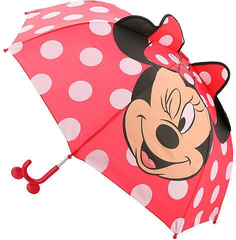 Tytön Minnie -hiiren läpinäkyvät sateenvarjot