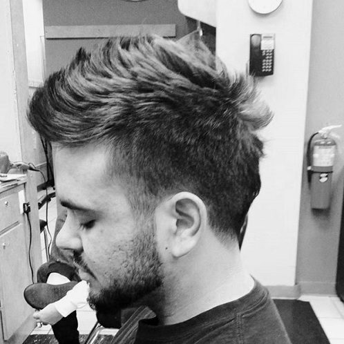 Messy Faux Hawk with Low Taper Fade and Beard
