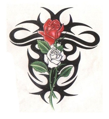 Tribal Cross Tattoo With Rose Design