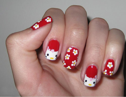 Κόκκινο με λουλούδια Hello Kitty Nail Art