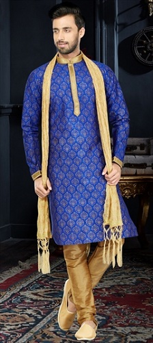 Royal Blue Dupion Silk Kurta για Diwali