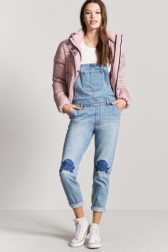 Floral Embroidered Jean Overall