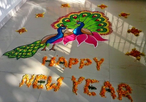 Peacock Ευτυχισμένο το νέο έτος Rangoli σχέδιο