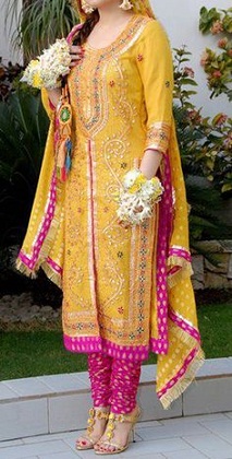 Κίτρινο με ροζ Mehndi φόρεμα για νύφη