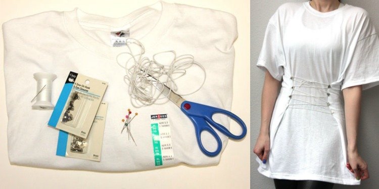 upcycling-kläder-idéer-t-shirts-vit-krydda upp-korsett