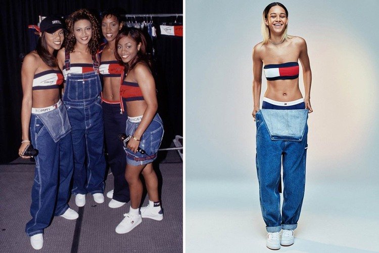 90 -talets festoutfitidéer för kvinnor jeans och axelbandslös topp