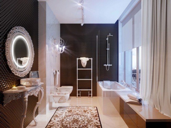 lyxigt badrum nya barockmöbler vit svart väggplattor belysning