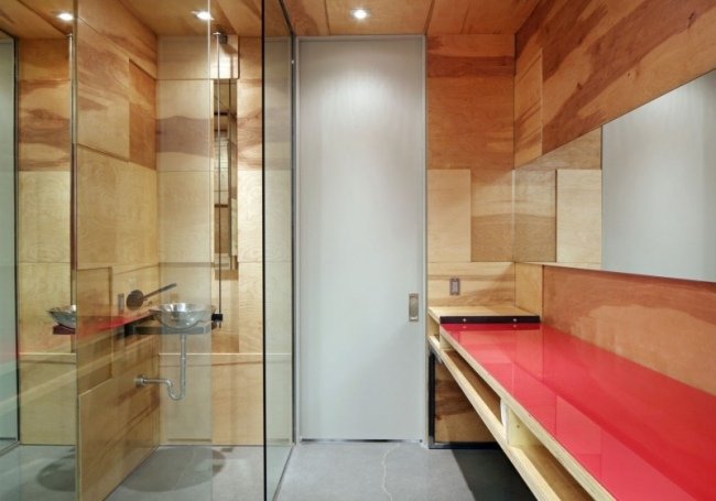 badrumsbilder moderna kakel trä ser röd bänkskiva högblank ut