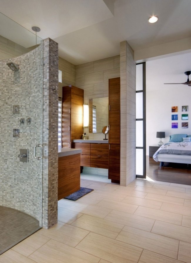 badrum moderna idéer trä badrumsmöbler mosaik duschområde