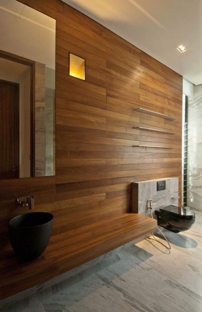 badrumsidéer design hus trä väggbeklädnad fåfänga svart handfat
