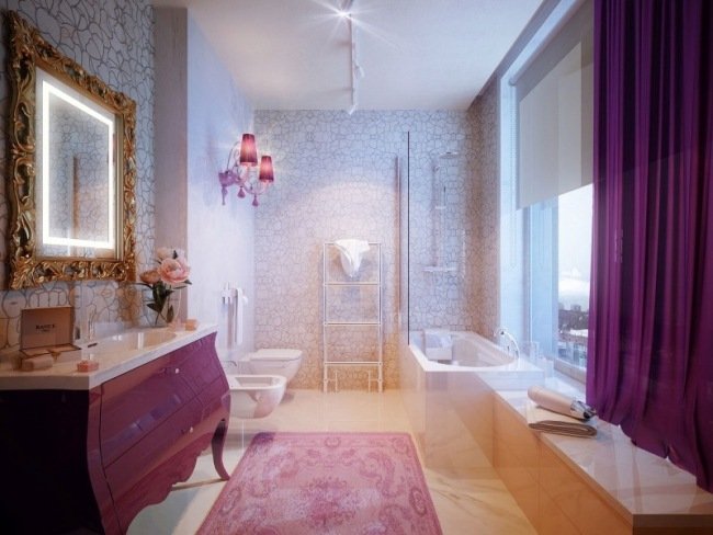 lyxigt badrum ny barock stil rosa byrågardiner guld väggspegel