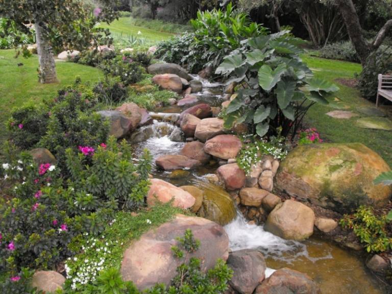 Vattenfall-trädgård-bäck-mark täck-gräsmatta-exotiska växter