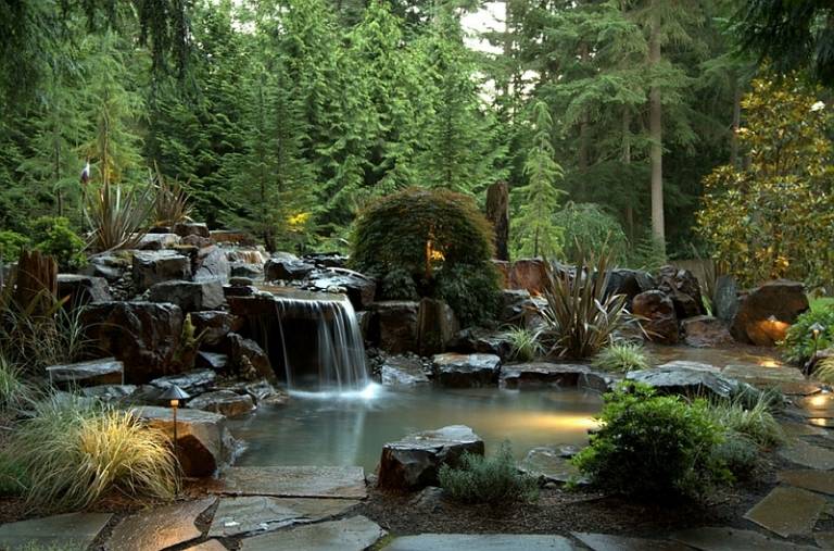 Vattenfall-trädgård-damm-japansk stil-skapa-idéer