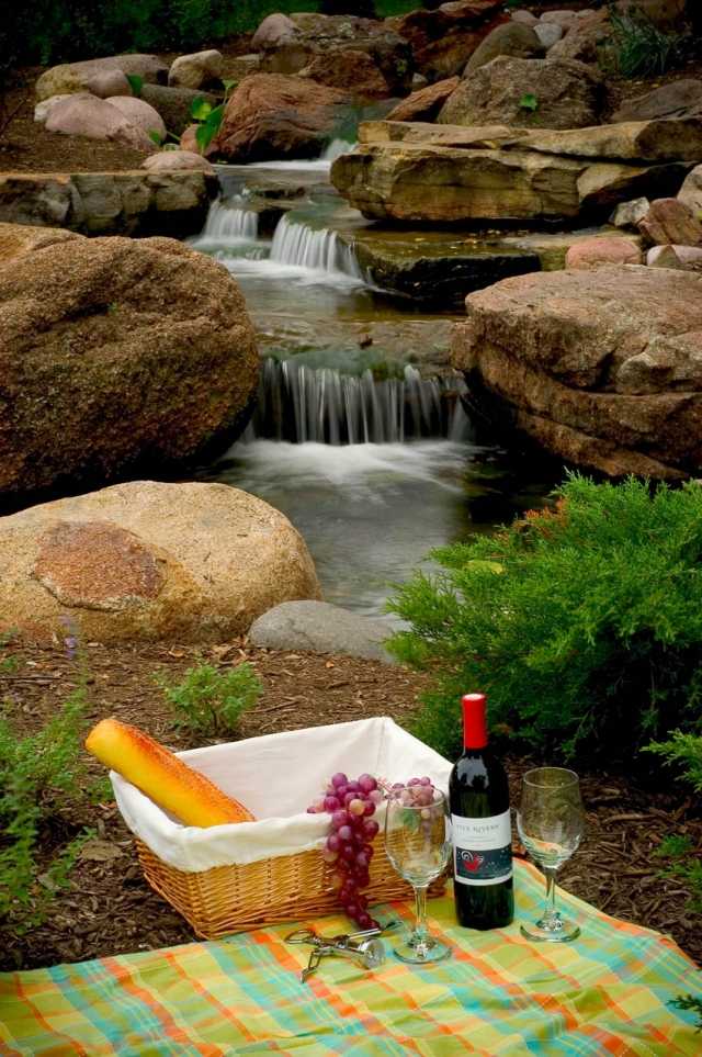 Gör en picknick vid trädgårdsdammen med stenar med ett vattenfall