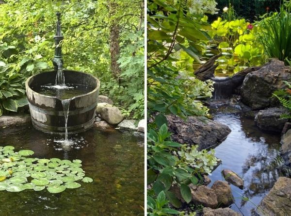 Skapa idéer för en vattendamm med ett vattenfall i trädgården