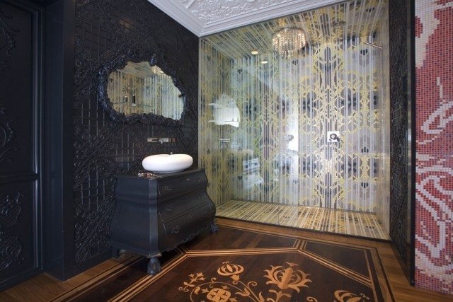 lyxigt badrum design tvättställ bord duschkabin walk-in väggplattor design idéer