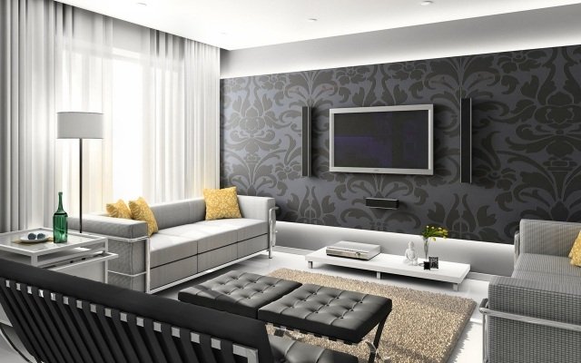 vägg-design-tapeter-vardagsrum-blommigt-mönster-mörkgrått