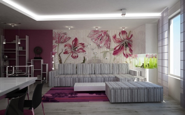vägg-design-tapeter-fototapet-blommor-upphängd-tak-led-belysning-vardagsrum