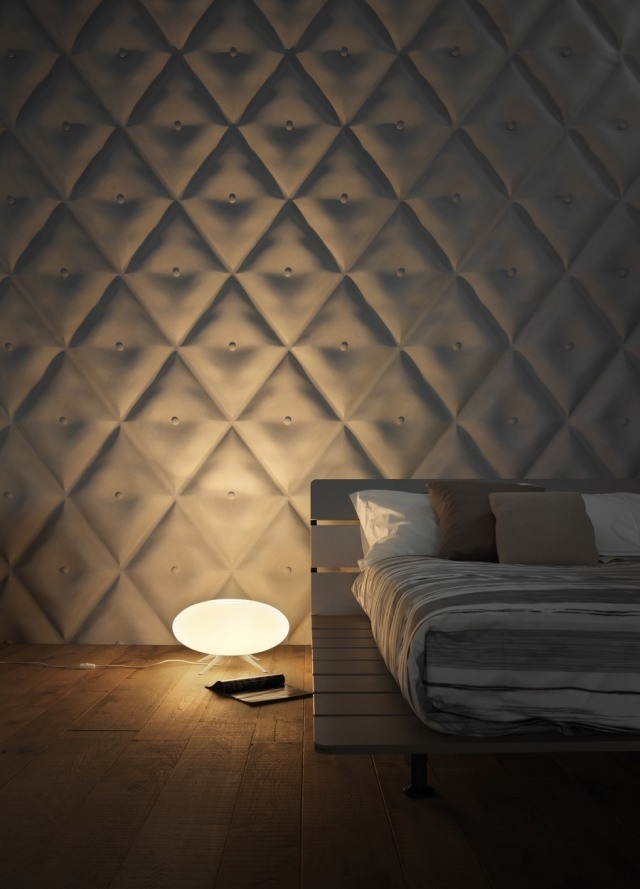 Idéer för väggdesign dekorativa-3d-paneler-diamantmönster-vita sovrum