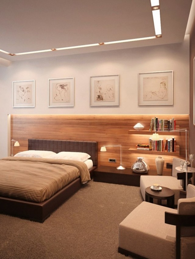 väggdesign-träpaneler-sovrum-brun-hyllor-led-remsor