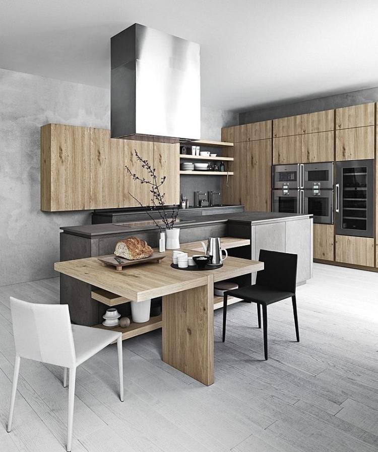 tårta-modern-trä-funktionell-matsal-plats-hyllor-massivt trä-kök-fronter-vägg-betong